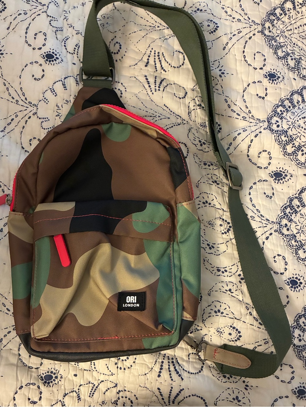 Ori London Camo Sling Bag with Olive Strap and Red Accents